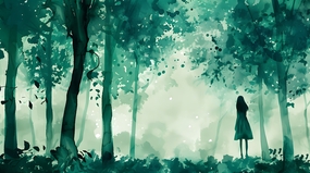 唯美水彩插画风树林女孩图片